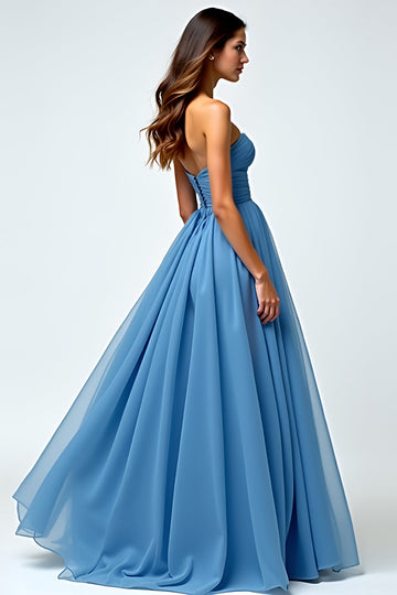 Gris Bleu Mousseline De Soie Long Sweetheart Une Robe De Bal Ligne Avec Fente